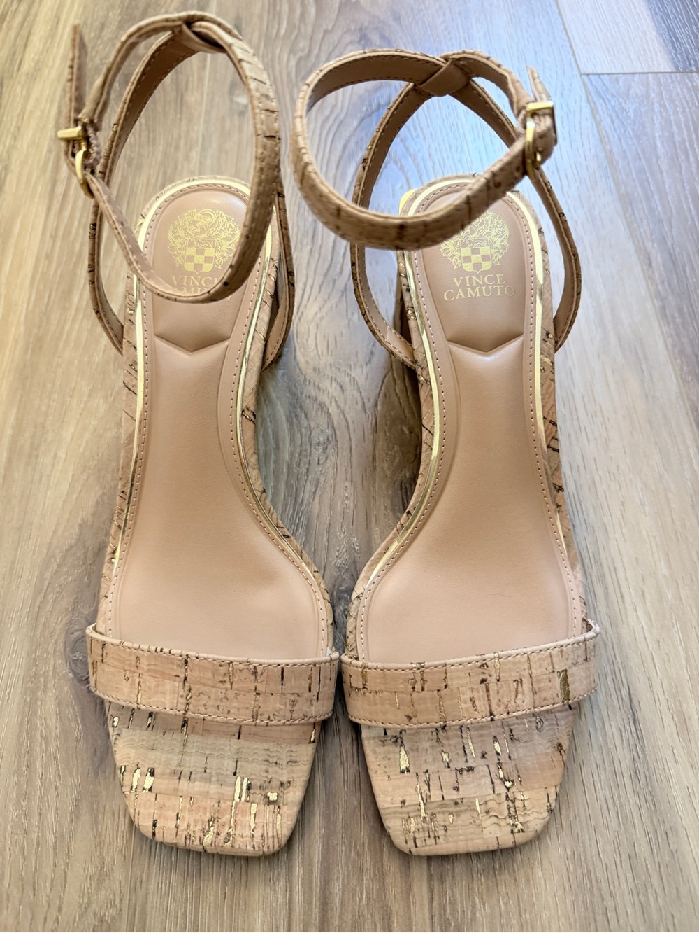 7M Vince Camuto Cork Ankle-Strap Sandals with Gold Accents